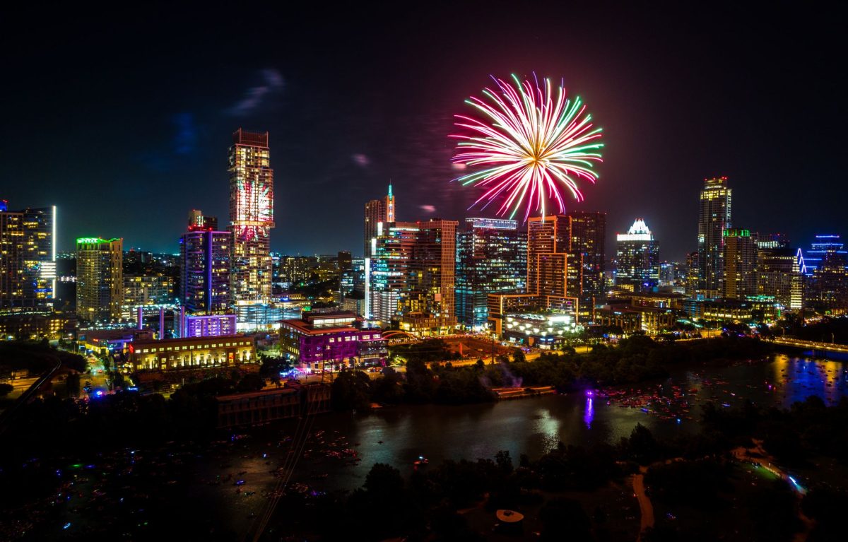 fireworks over Austin at night