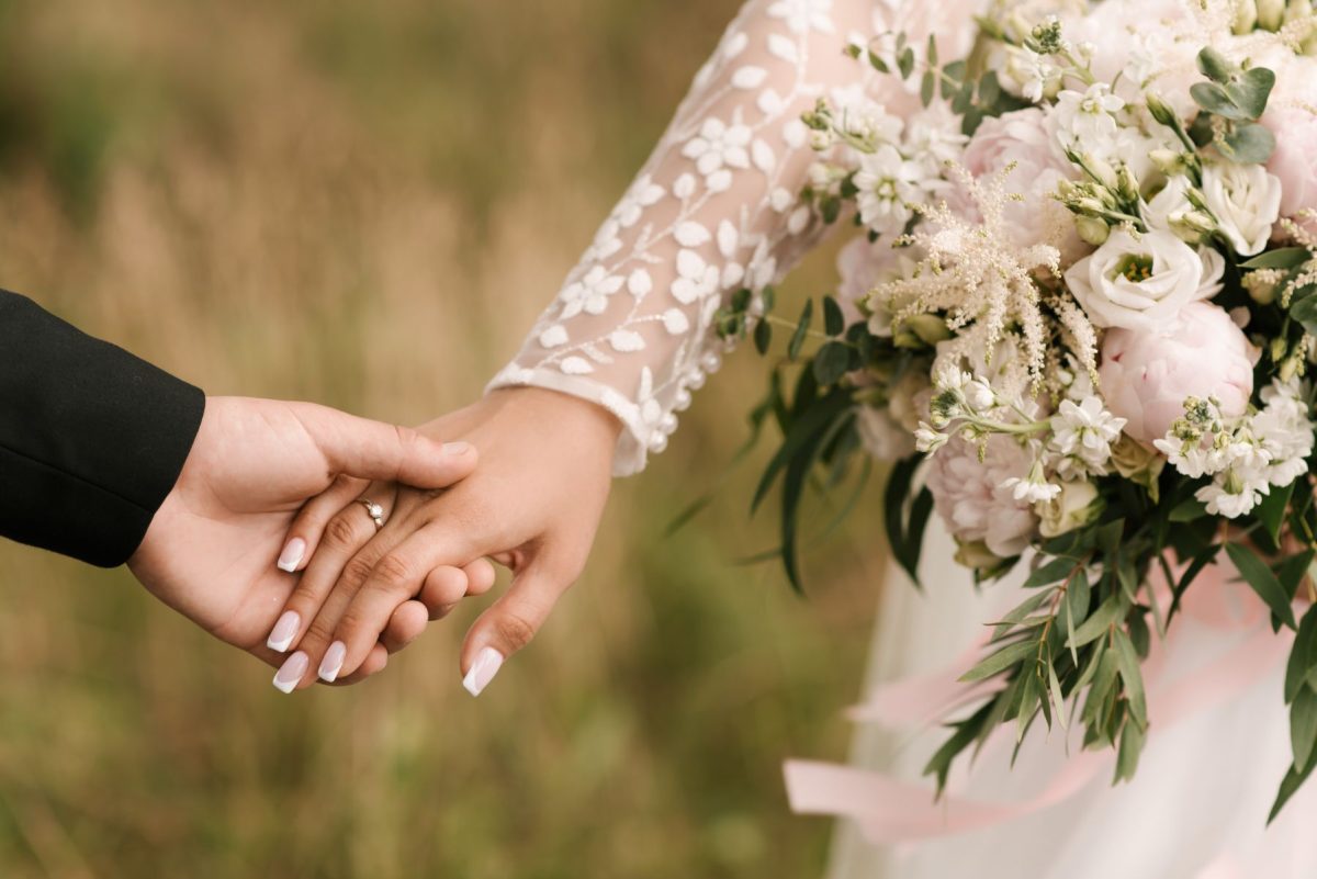 bouquet and hands of bride and groom